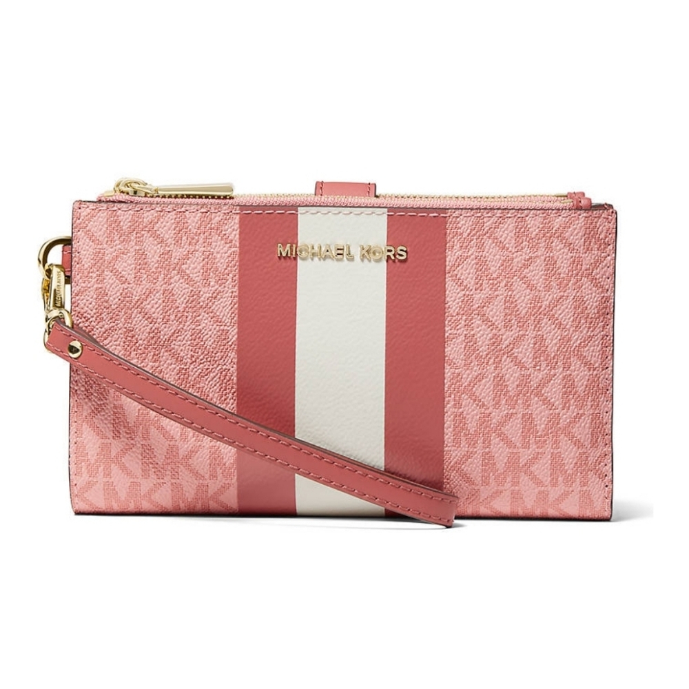 MICHAEL KORS Double Zip Wristlet Phone Tech Pocket in Cinnamon MK Stripe NWT!